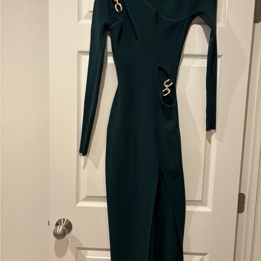 NICHOLAS Dark Green Long Sleeve Dress with Gold Accents